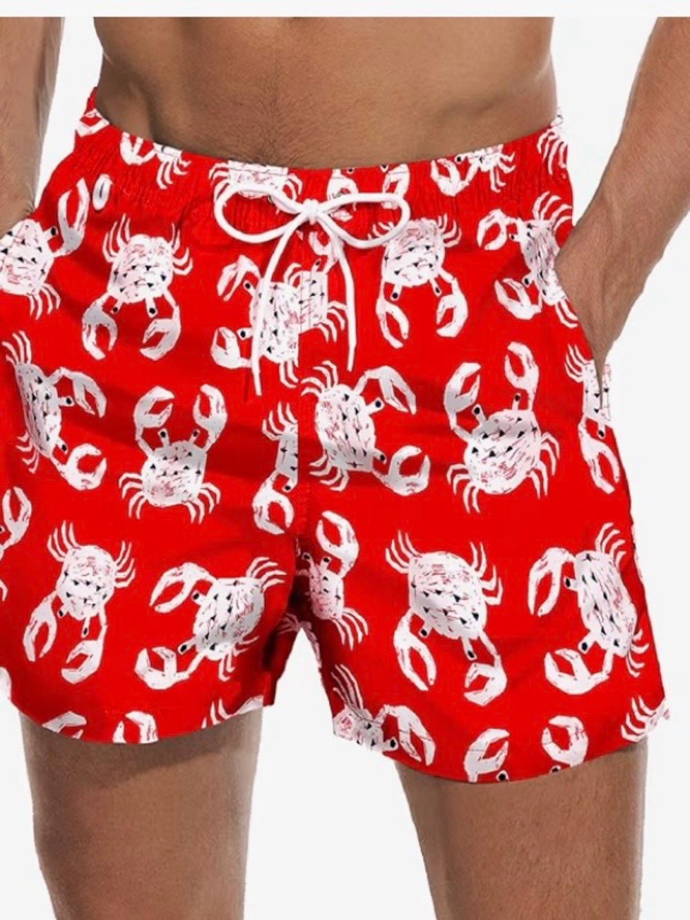 Men's Red Crab-Print Swim Trunks with Drawstring Waist